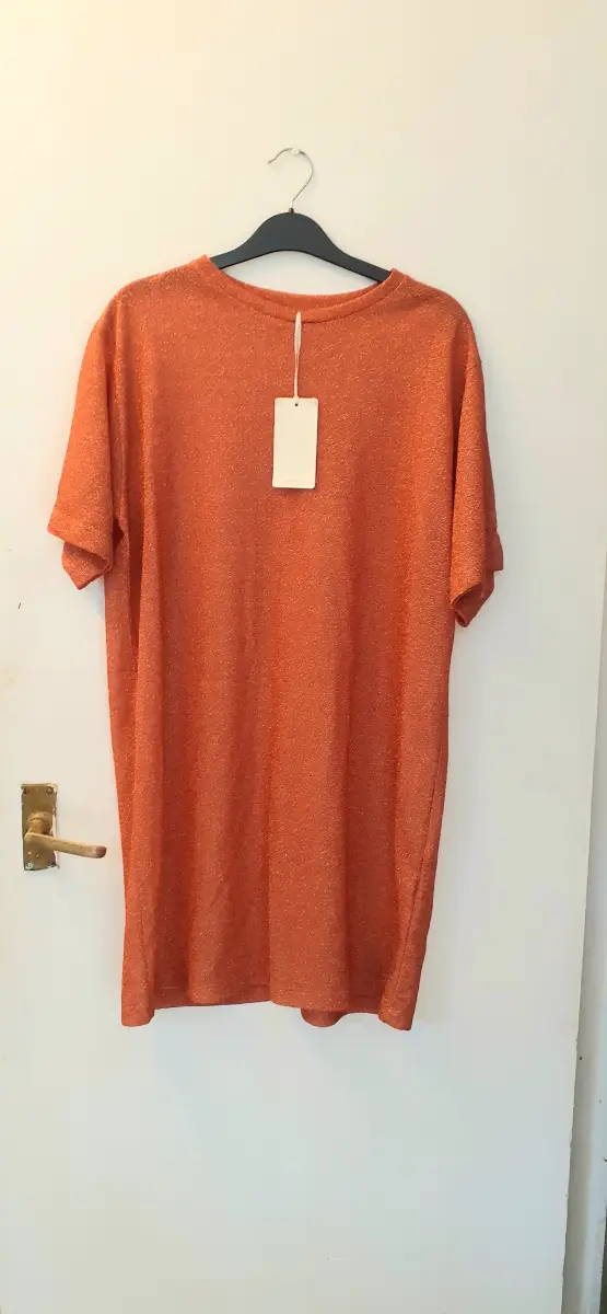 ​BNWT Momoni Orange Metallic Lurex T-Shirt Mini Dress Sparkle Party Y2K style Shiny Boho Size S