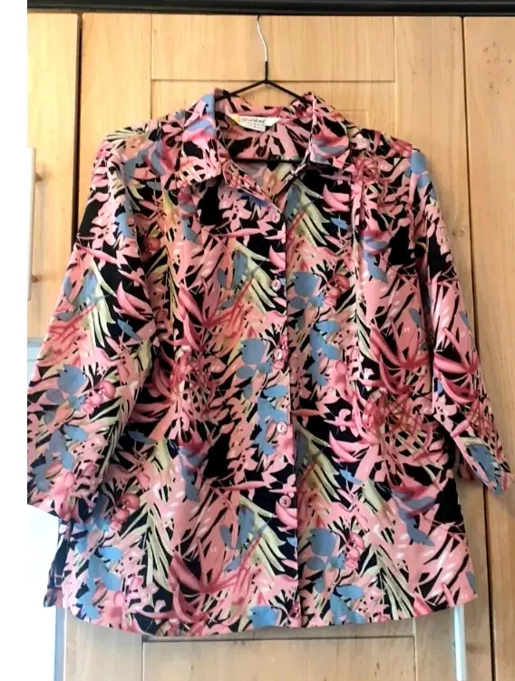 Vintage Pink Hawaiian Floral Button Shirt UK 8-10 Botanical Pattern Retro Blouse