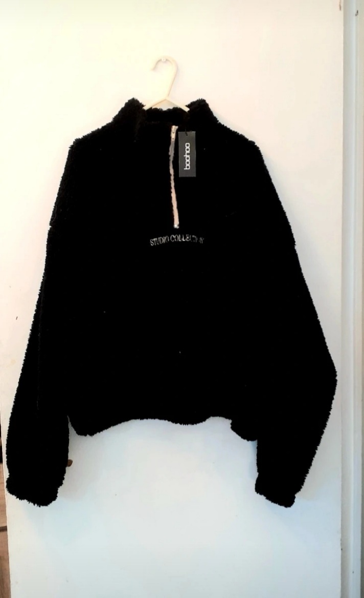BNWT Boohoo Black Fleece Half Zip Jumper Sweater UK 14 L 12 Oversized Cozy Studio Collection Toggle