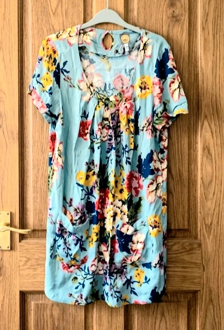 Joules Size 12 Light Blue Floral Tunic Shift Dress Short Sleeve Pockets 100% Viscose