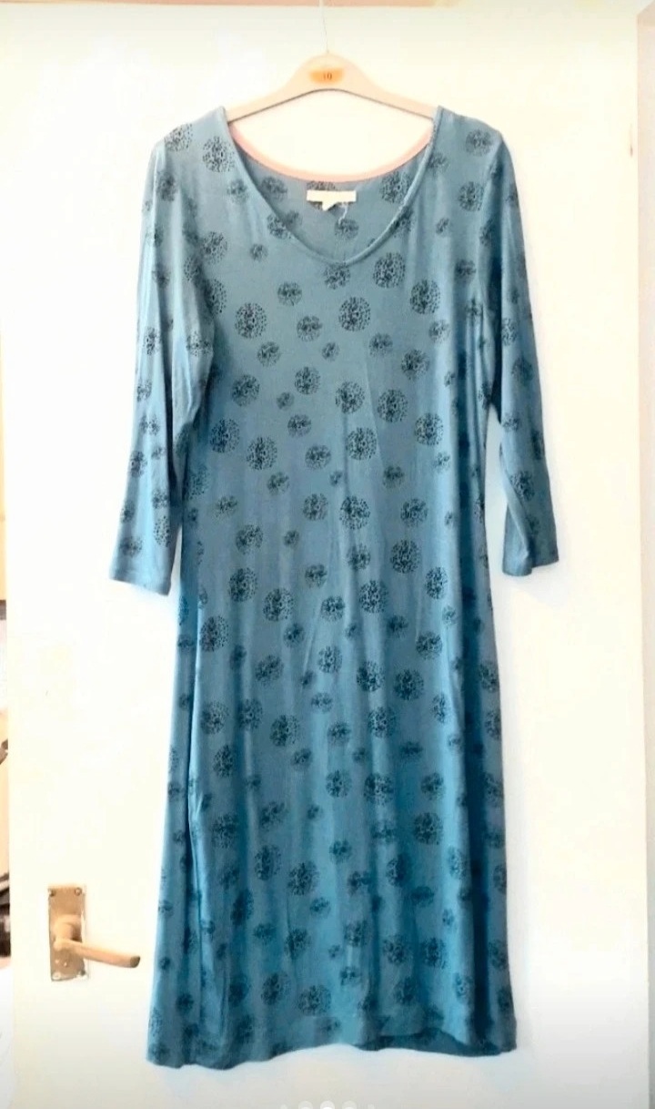 White Stuff Dress 8 36 Blue Teal Jersey Day Shift Print Patterned 3/4 Sleeve V Neck Mini Midi