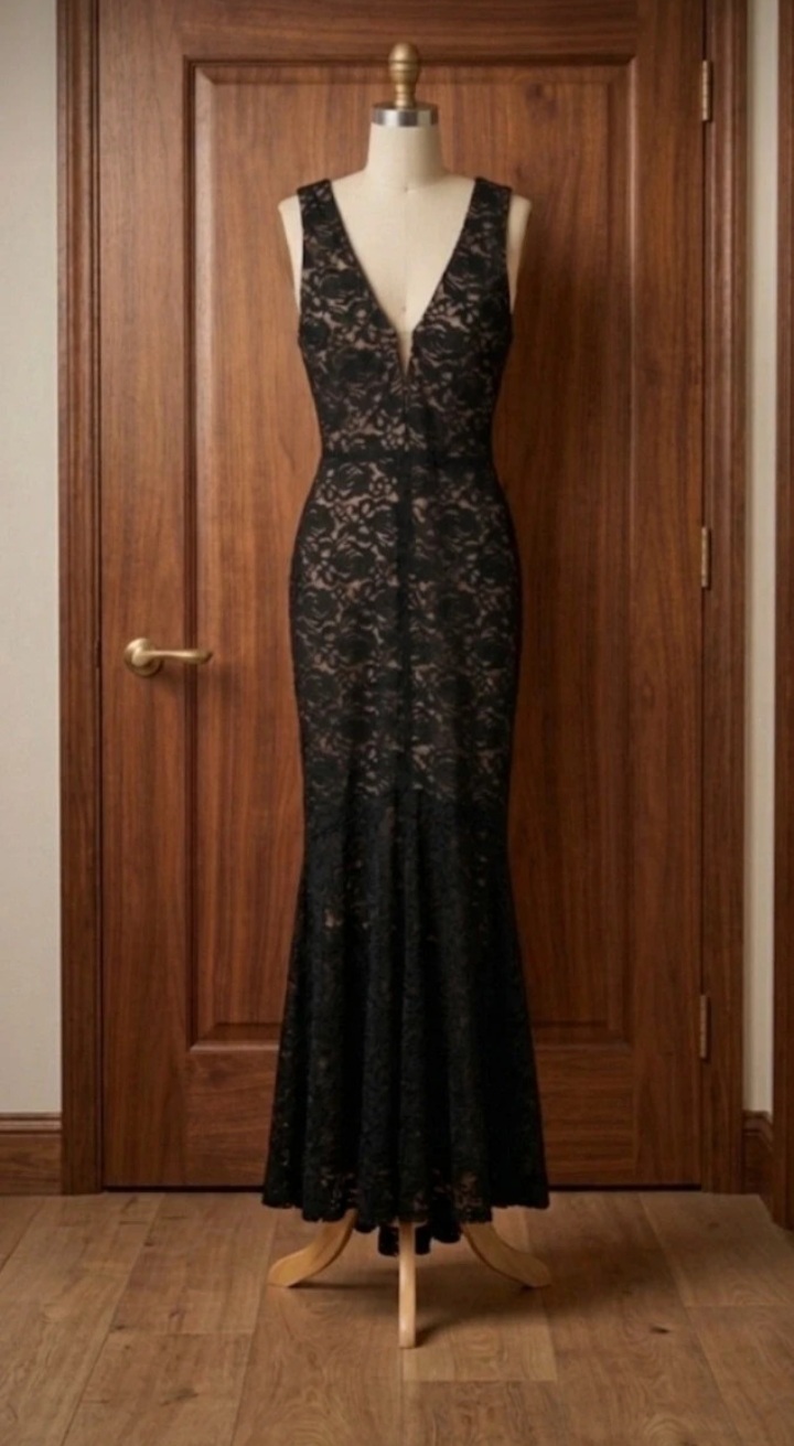 Alice + Olivia Mia Black Rose Lace Maxi Dress Gown UK 8 US 4 Front Slit Prom Formal Wedding Guest
