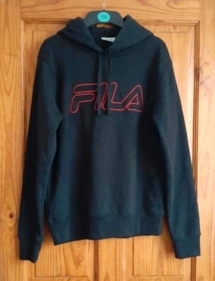 FILA Black Hoodie Pink Outline Logo Size Small S Fits Womens 10 12 Oversized Streetwear