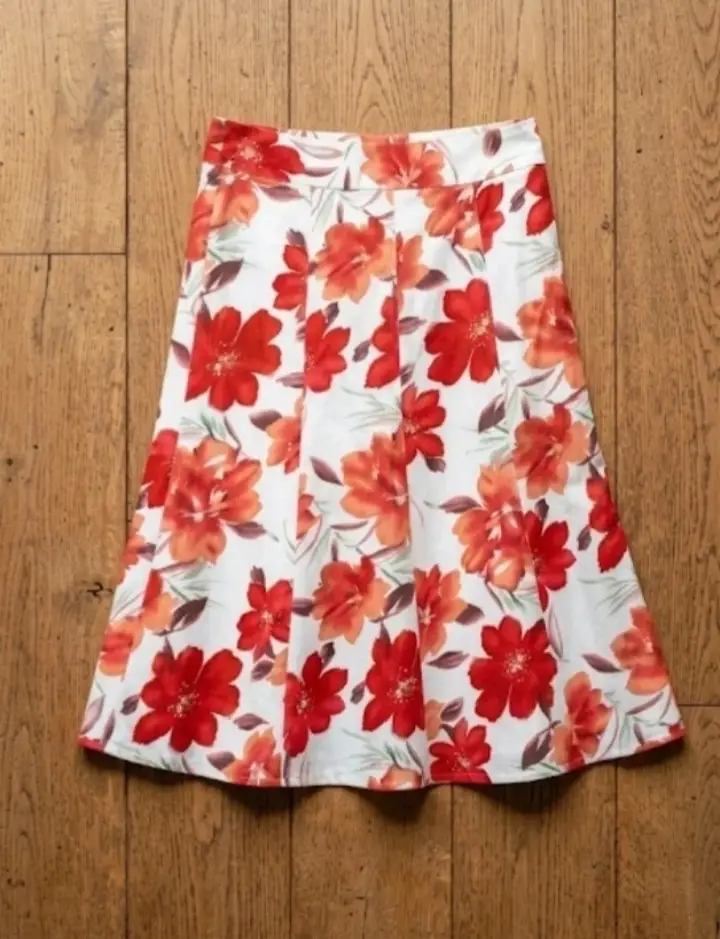 Ellie Louise Floral Midi Skirt Size 12 Red White Linen Blend Summer Boho Cottagecore Vtg Style
