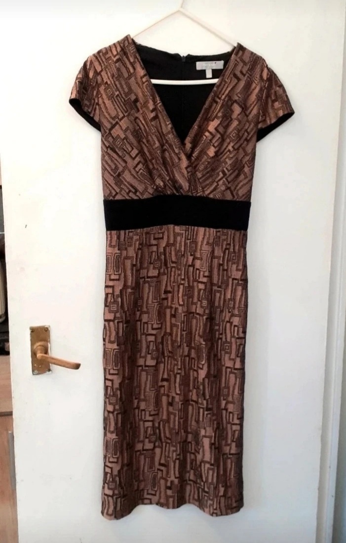 Per Una Bronze Gold Black Geometric Jacquard V Neck Wiggle Cocktail Party Midi Dress 8
