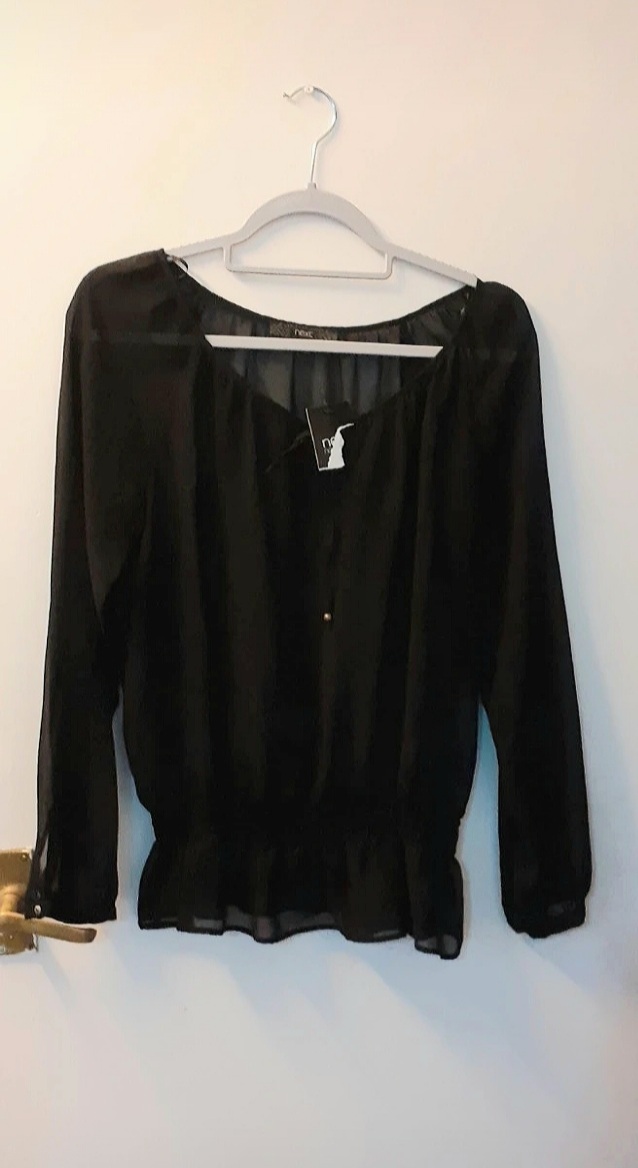 Next Size 8 Black Chiffon Shirred Boho Peasant Blouse Sheer Smocked Top BNWT