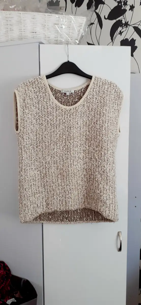 Max Mara Designer Chunky Knit Top Vest Cream Gold Metallic Textured Cotton Linen Size M UK 10 12