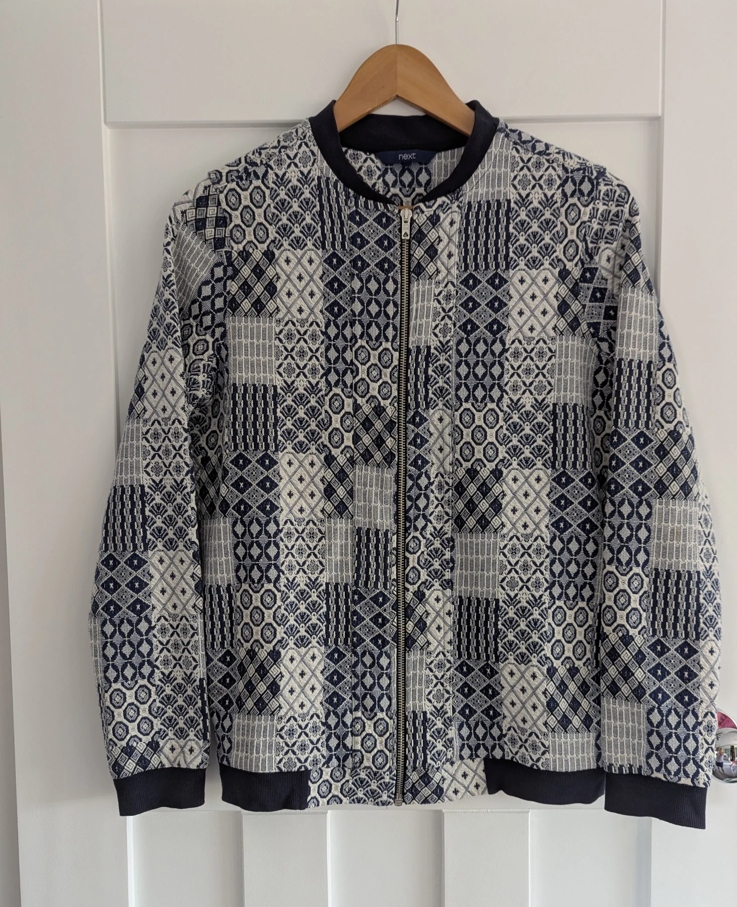 Next Jacquard Patterned Zip-Up Bomber Jacket (Navy Blue/Cream), size 10