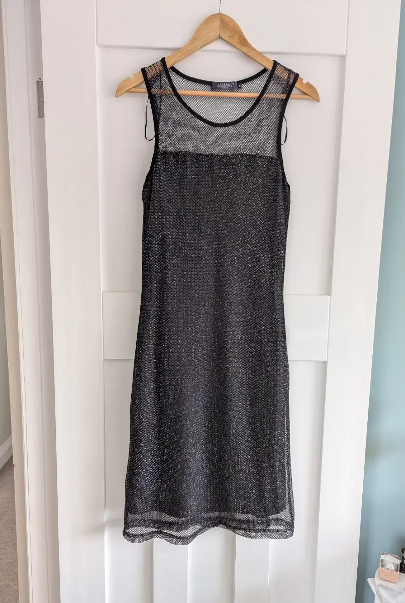 Jasmine London Black Glitter Metallic Mesh Bodycon Party Dress, Size UK 14