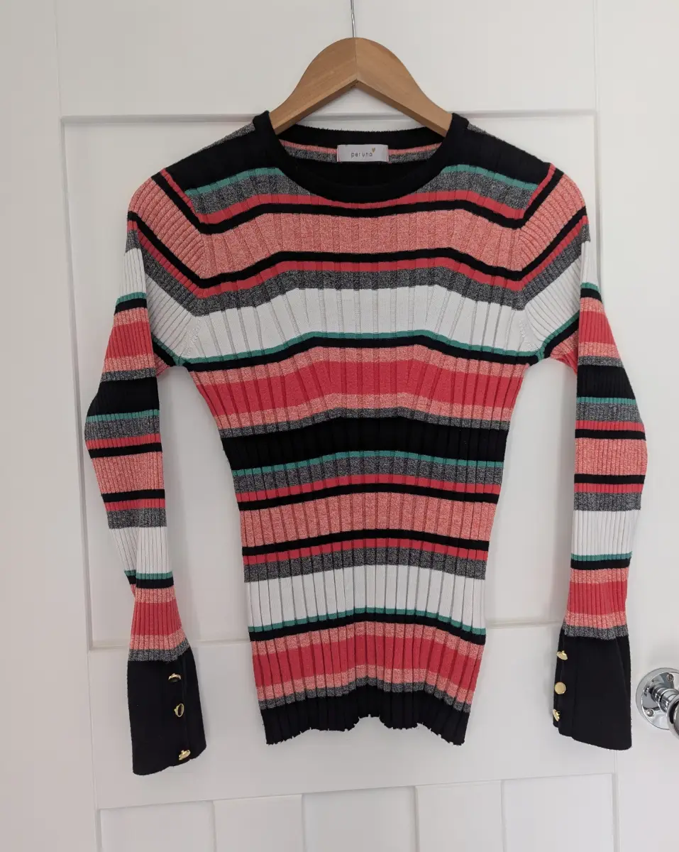 Per Una Ribbed Striped Crew Neck Jumper (Flame) with Button Cuffs, size 10