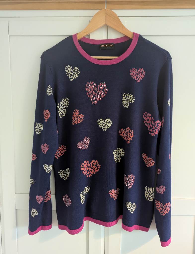 Anna Rose Navy Jumper - hearts and diamante detail, size L