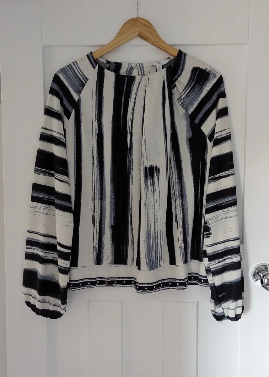Next Abstract Brushstroke Stripes Black/ Grey/ Off-White Twist Neck Top, UK size 14.