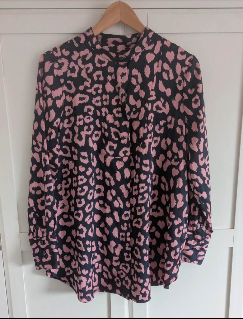 M&S Navy/ Pink Animal Print with Grandad Collar Popover Shirt, UK 14