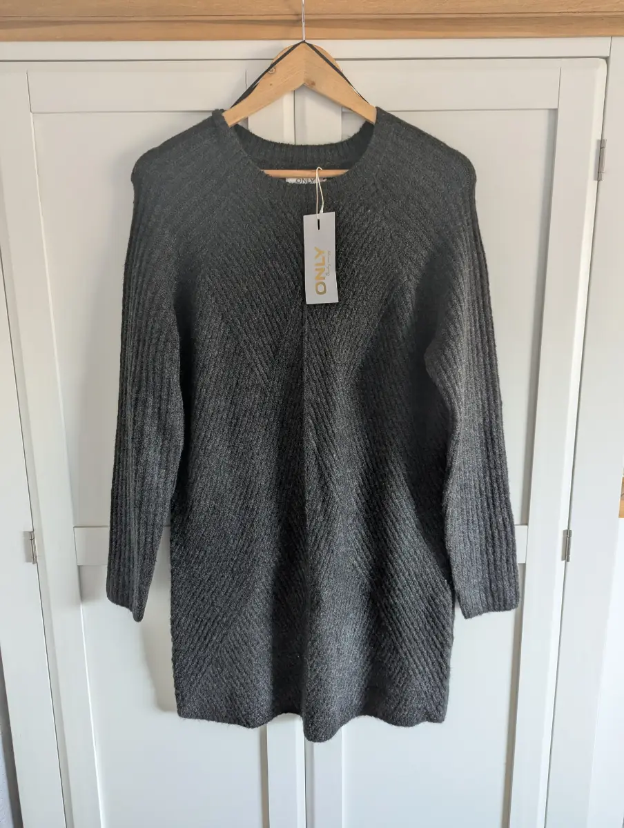 ONLY Carol Dark Grey Melange Knitted Short Dress / Longline Jumper, BNWT, Size S.