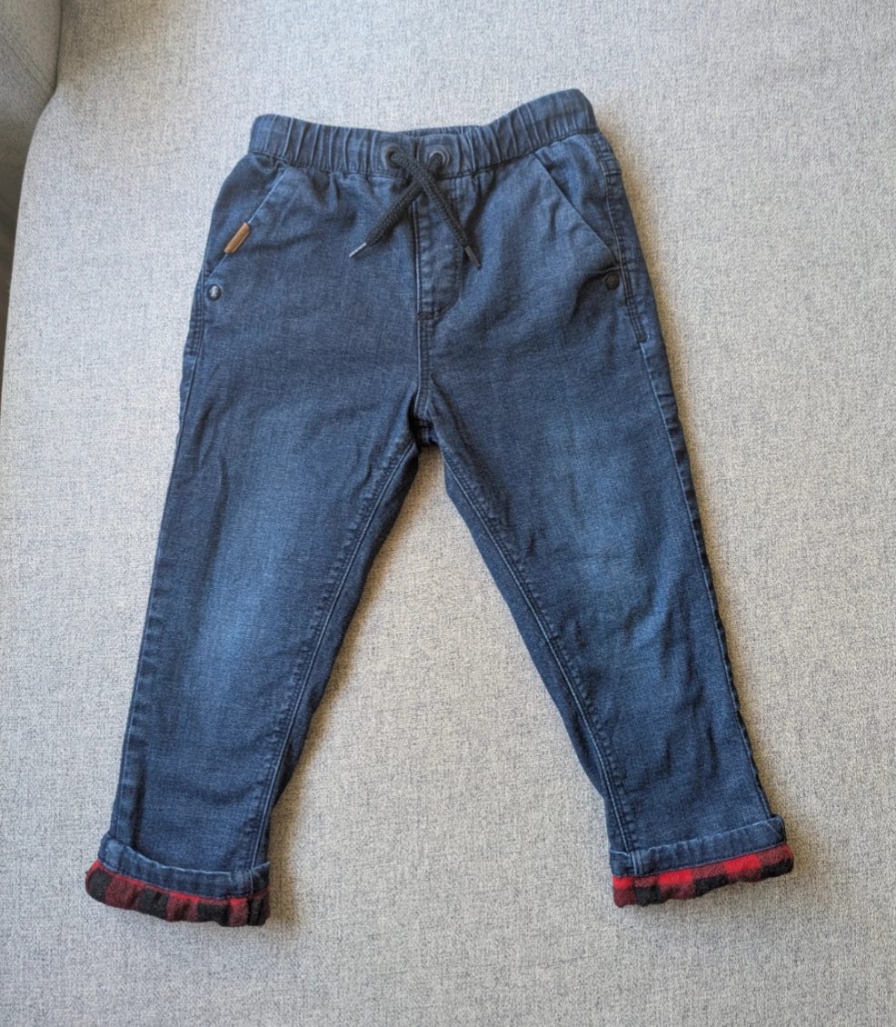 Next boys dark blue denim red turn-up lined jeans, age 2-3 years