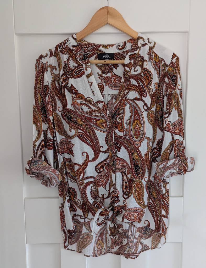 Wallis Paisley Print Boho V-Neck Tie Front Blouse/ Top, UK 12