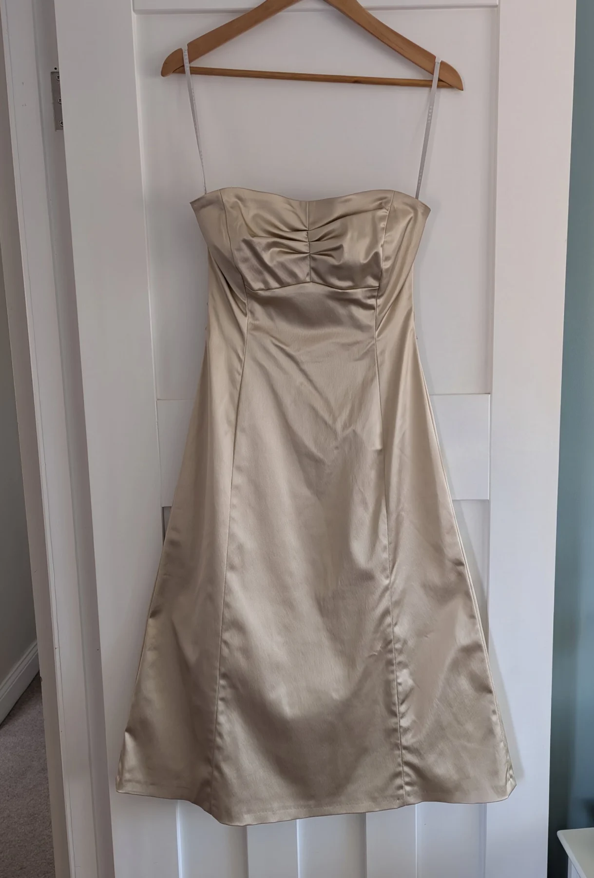 Coast Gold / Champagne Satin Strapless Structured Midi Dress - Size 12