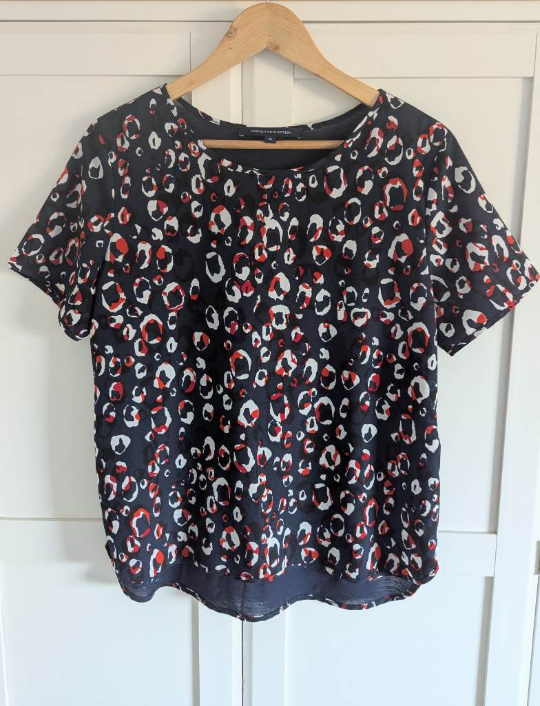 French Connection Navy and Leopard Print Mixed Media Top, Size M