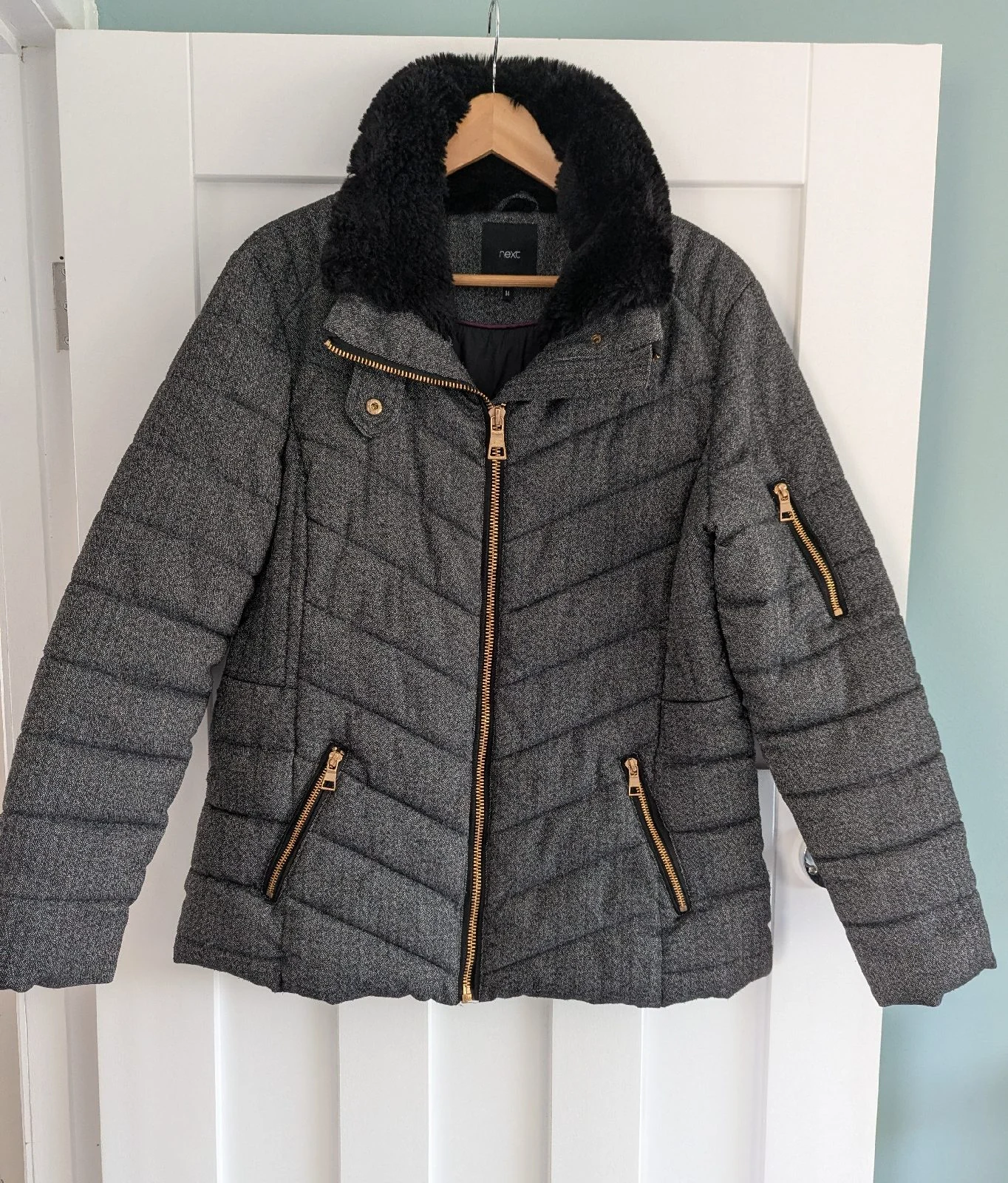 Next Grey Herringbone Chevron Padded Jacket with Faux Fur Collar (Size 14)