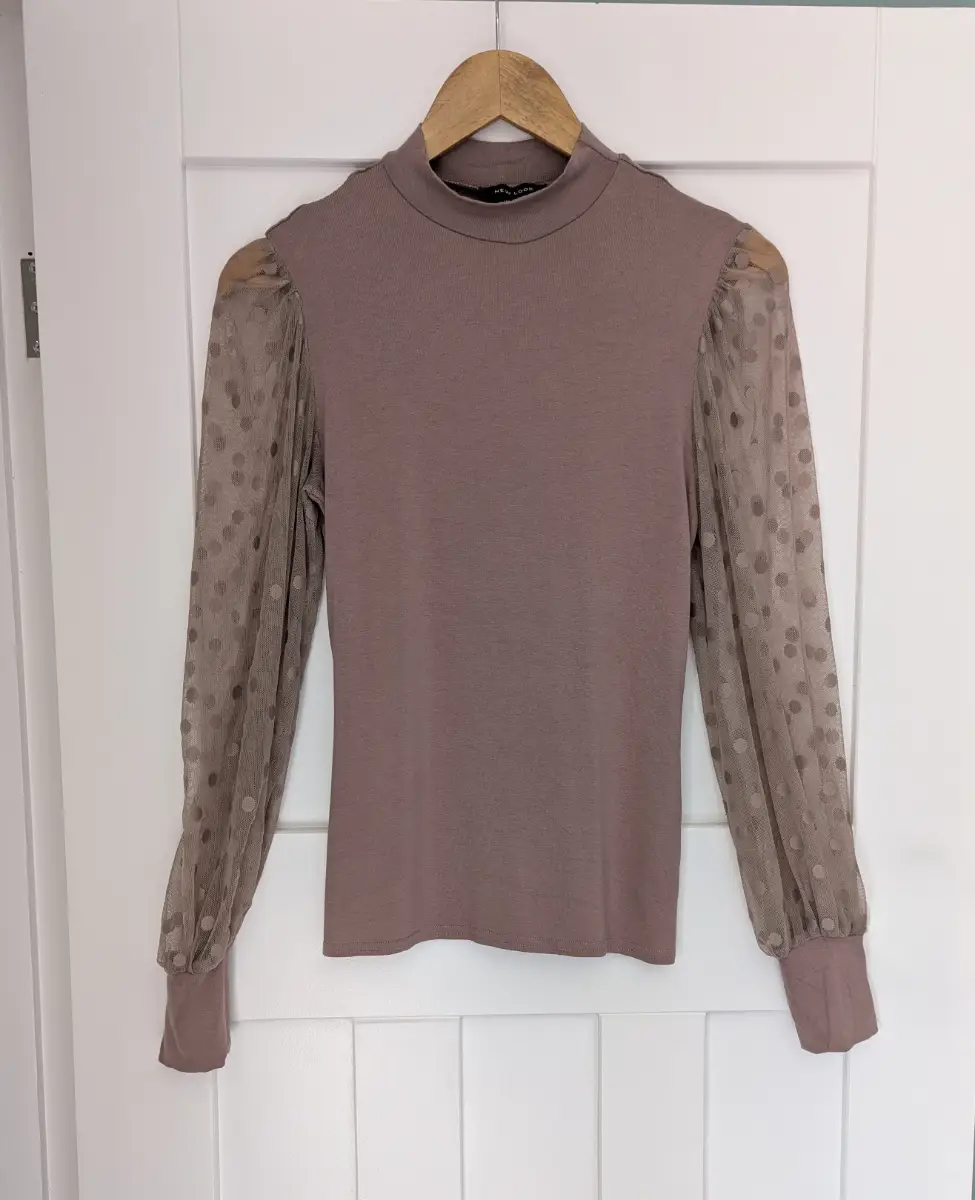 New Look Mauve Mock Neck Top with Sheer Polka Dot Mesh Sleeves - UK 12
