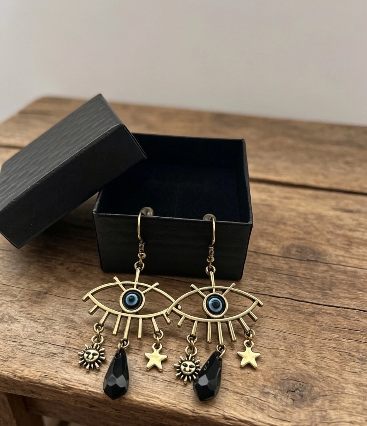 Evil Eye Earrings Gold Sun & Star | Celestial Protection Pagan Jewellery