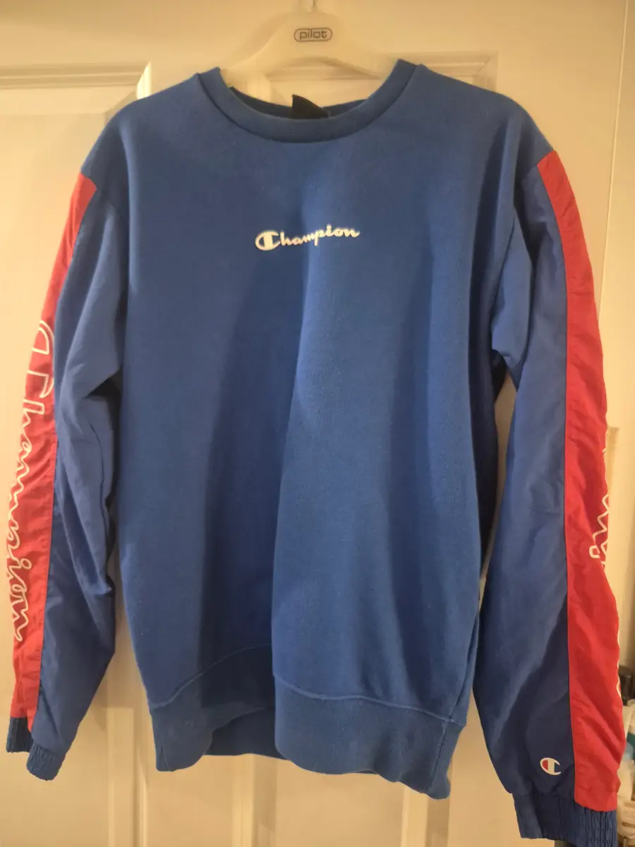 Champion Reverse Weave Mixed Media Crewneck Sweatshirt Blue Red Size Small