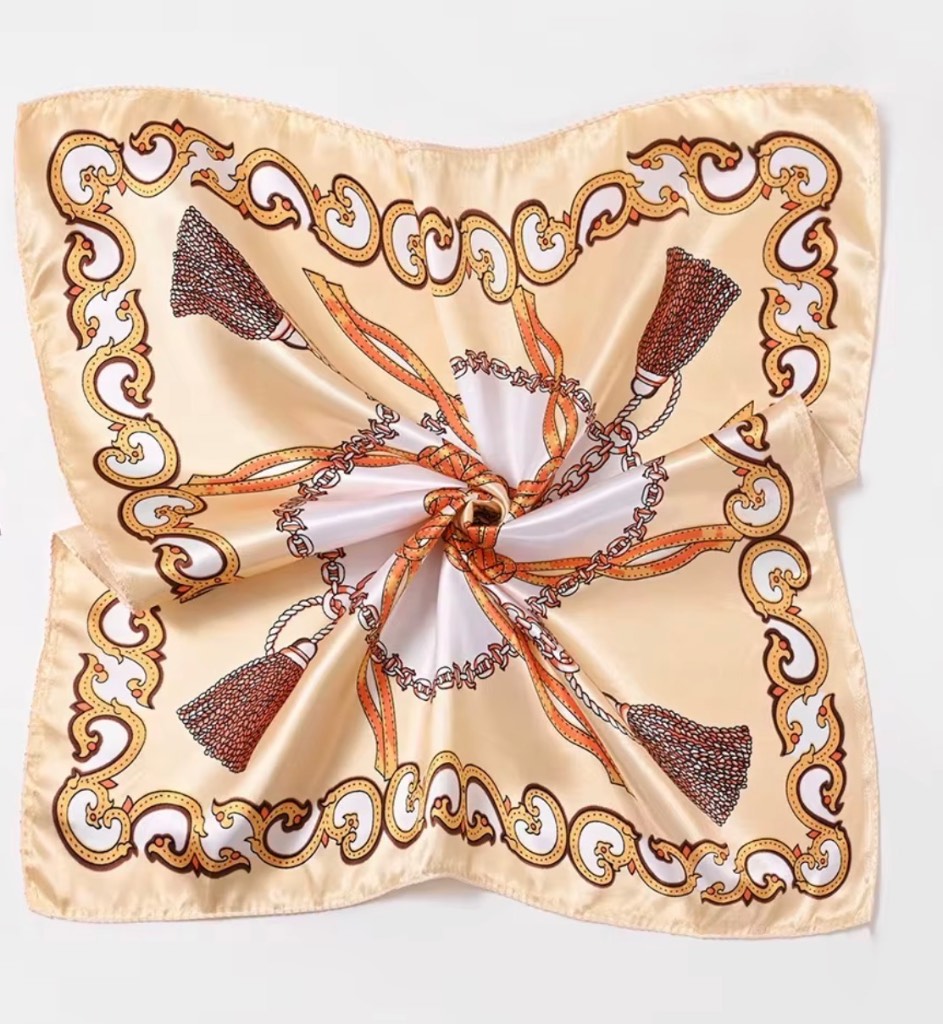 Satin Style Square Scarf – Cream Chain Pattern Hair Neck Head Scarf