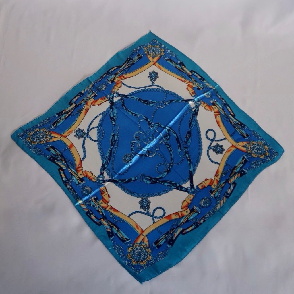 Luxury Satin Silk Style Scarf – Blue Chain Pattern Square Hair Neck Scarf