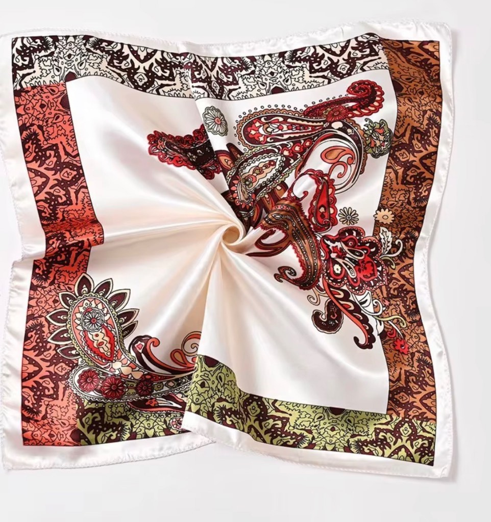 Luxury Satin Silk Style Paisley Scarf – Cream Red Square Hair Neck Scarf