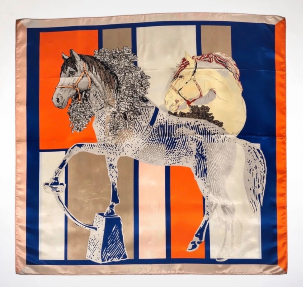 Large Satin Square Scarf 90cm Horse Print Orange Blue Statement Scarf