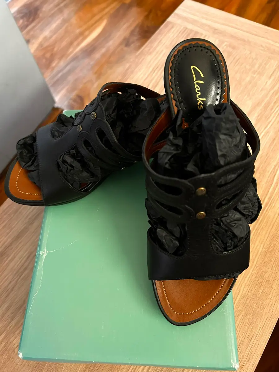Clarks Black Leather T‑Bar Wedge Mule Sandals | Size UK 5