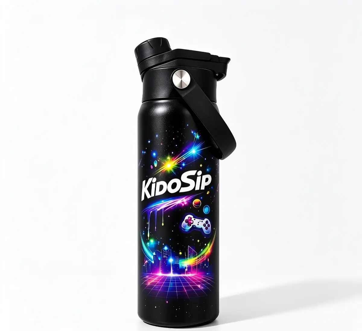 KidoSip Neon Gamer pluse Water Bottle 2‑in‑1 Sip & Fill Lid 24oz