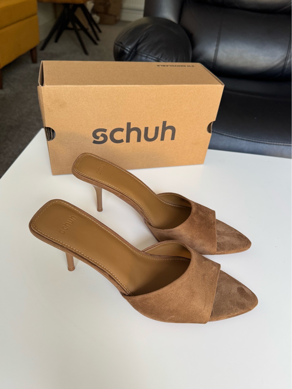 Schuh Sweet Point Tan Fabric Mule Heeled Sandals Women’s UK 6