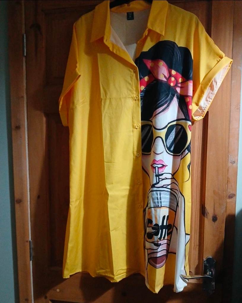 shein curve yellow coffee drink shirt dress