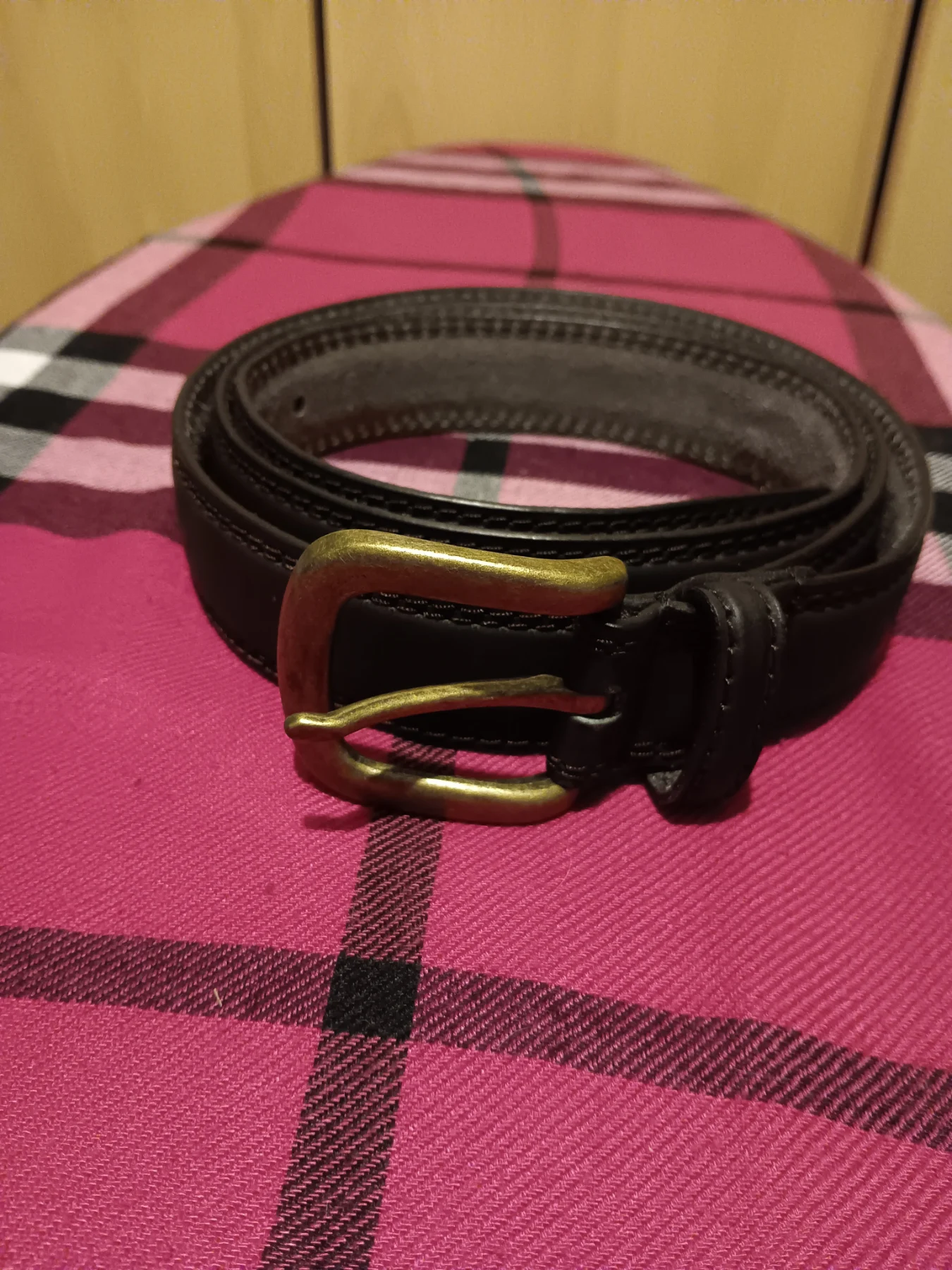 50" very large black mens belt leather lined brass effect buckle