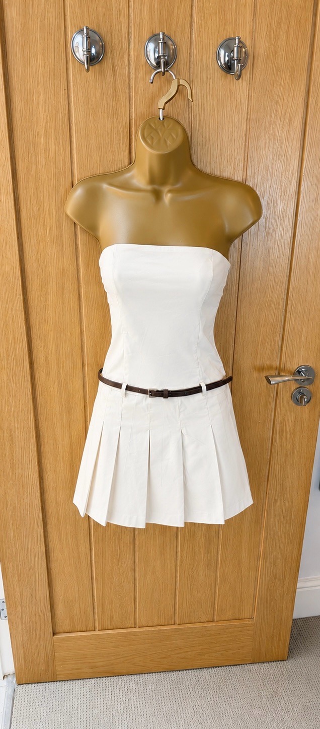Miss Selfridge beige cream mini dress strapless pleated size UK 10