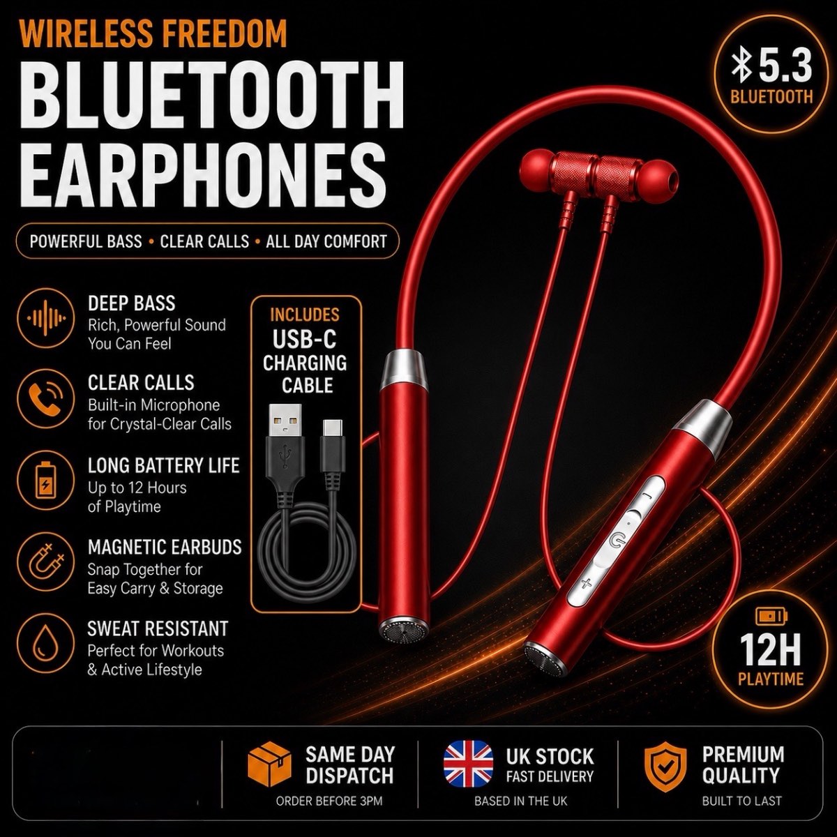 Wireless Neckband Earphones | Power Indicator | Noise Reduction Red