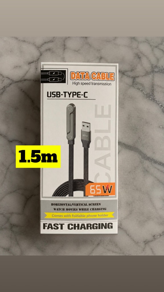 Fast Charging Cable 65W USB Type-C | 1.5m Foldable Phone Holder Charger Cable