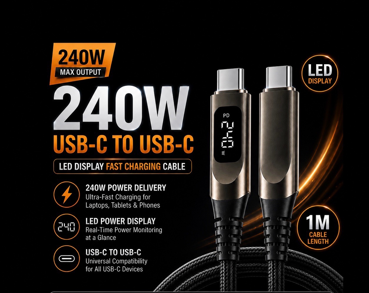 Fast Charging Cable 240W 1M USB-C to USB-C| LED Power Display | Nylon Braided