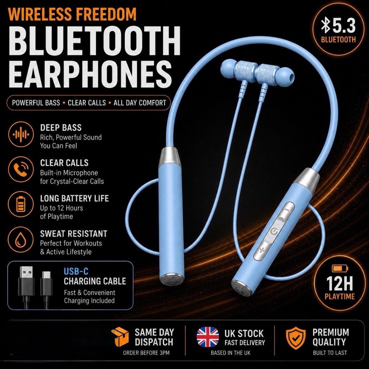 Wireless Neckband Earphones | Power Indicator | Noise Reduction Blue