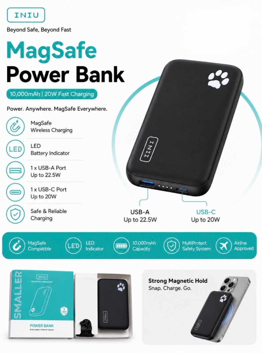 INIU Power Bank B43 MagSafe 10000mAh Wireless Fast Charging Portable Charger