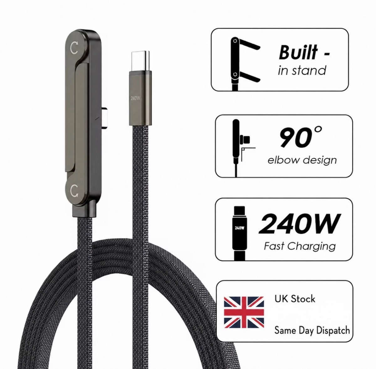 Fast Charging Cable 240W USB-C to USB-C 1.5M | Foldable Phone Holder Charger
