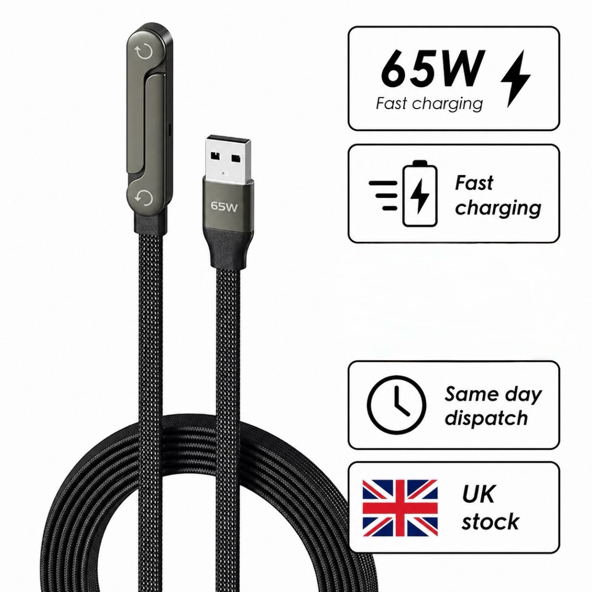 Fast Charging Cable 65W USB Type-C | 1.5m Foldable Phone Holder Charger Cable Black