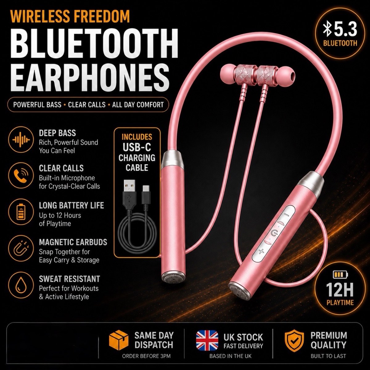 Wireless Neckband Earphones | Power Indicator | Noise Reduction Pink