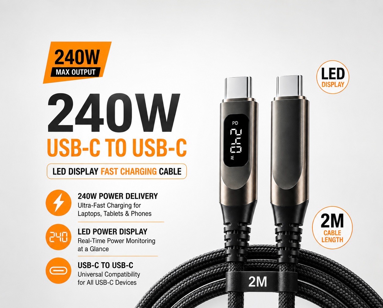 Fast Charging Cable 240W 2M USB-C to USB-C| LED Power Display | Nylon Braided