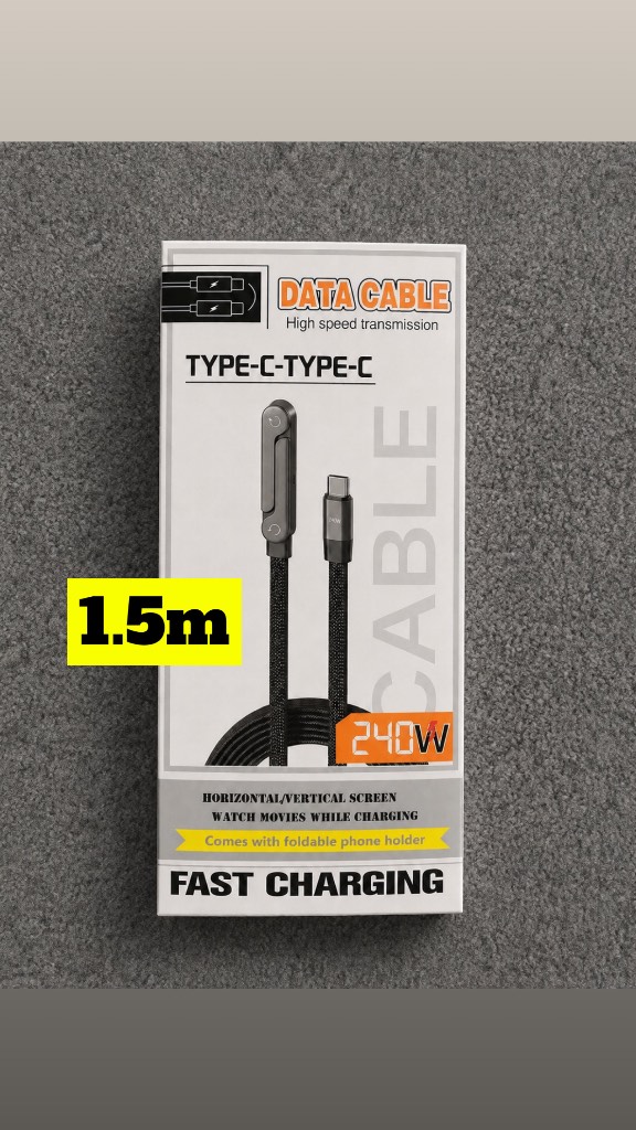 Fast Charging Cable 240W USB-C to USB-C 1.5m | Foldable Phone Holder Charger Lead
