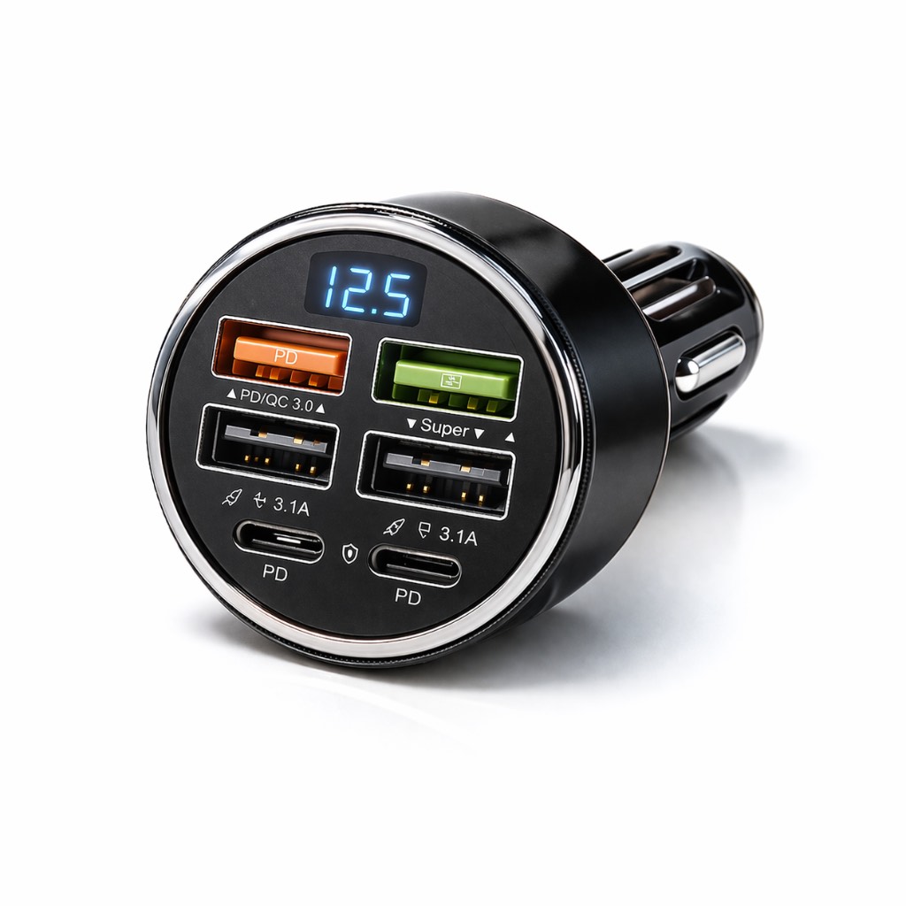 Fast Car Charger Adapter 6 in 1 350W Multi-Port USB & USB-C Fast Charging Charger