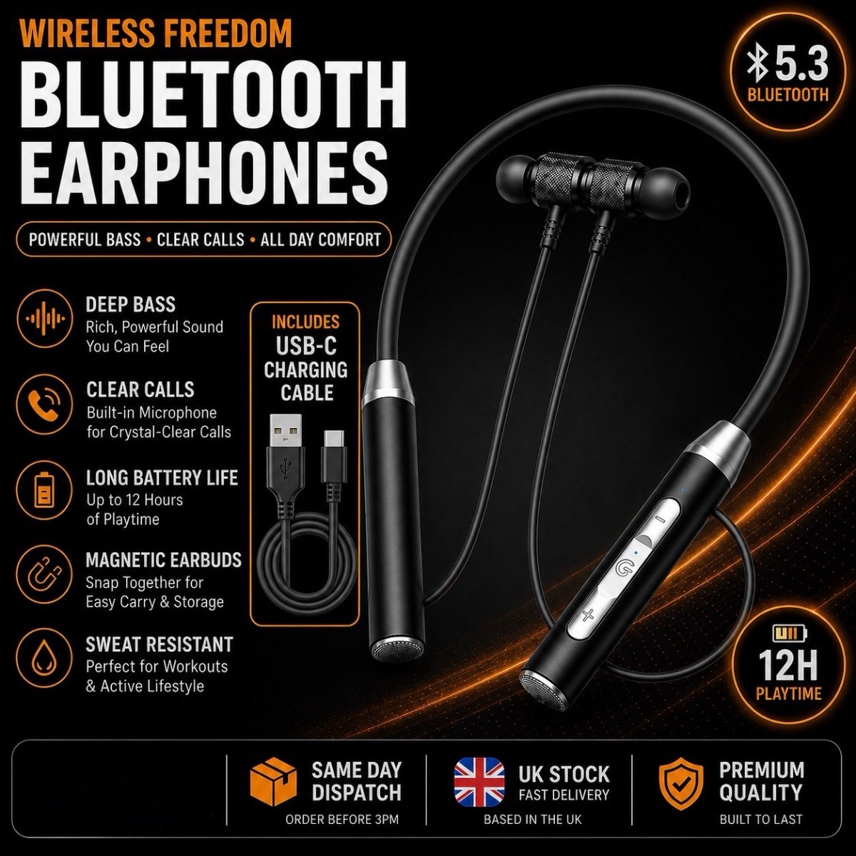 Wireless Neckband Earphones | Power Indicator | Noise Reduction Black