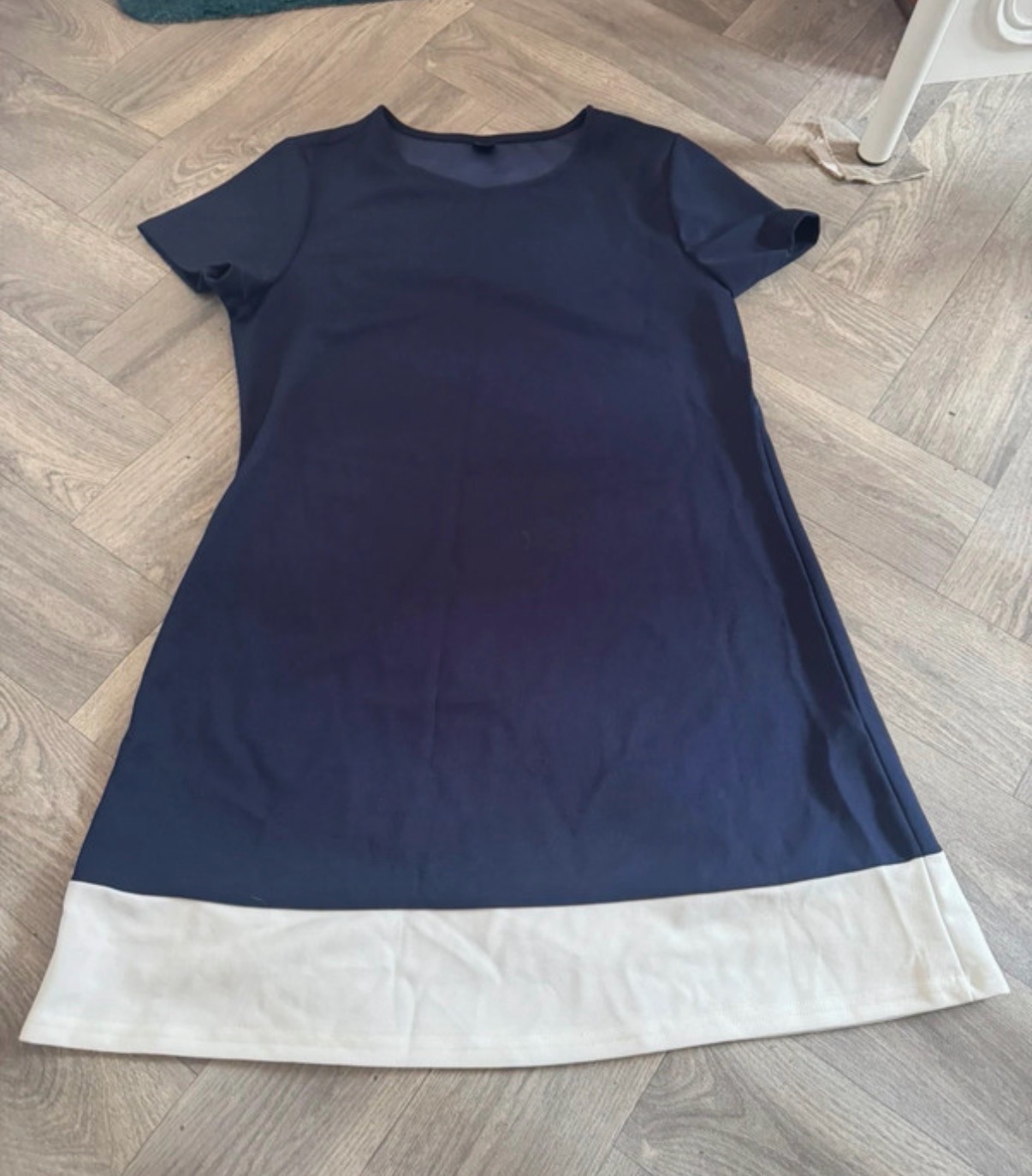 Navy Blue & White Colour-Block Short Sleeve Shift Dress