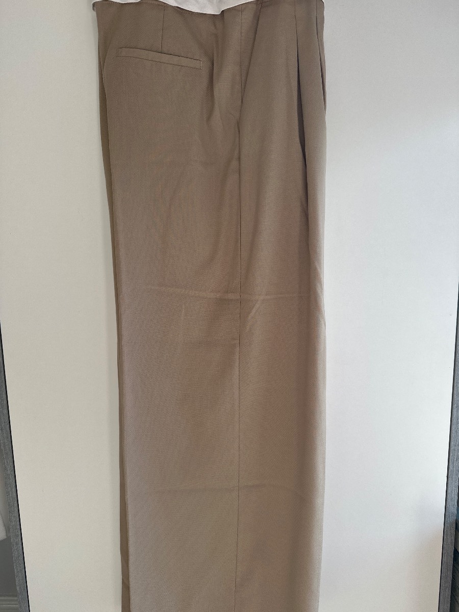 Stradivarius beige wide leg trousers with white contrast waste trim